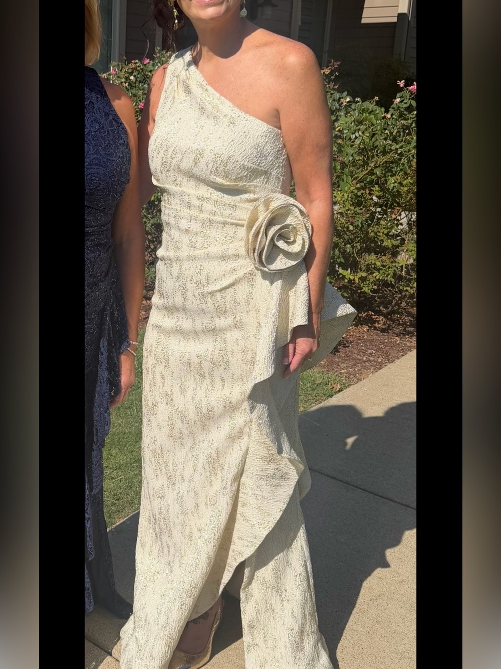 Rickie Freeman Teri Jon One shoulder Metallic Jacquard Trumpet Gown